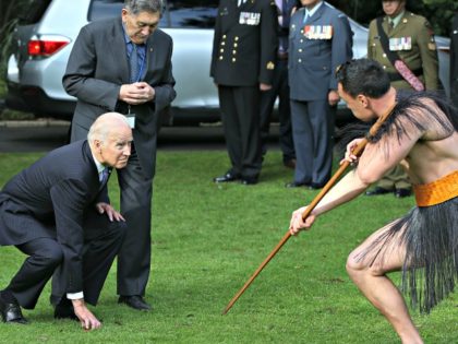 AUCKLAND, NEW ZEALAND - JULY 21: US Vice-President Joe Biden (L) with Kaumatua Lewis Moeau (R) experiences a traditional Maori welcome at Government House on July 21, 2016 in Auckland, New Zealand. Biden is visiting New Zealand on a two day trip which includes meetings community and business leaders, a …