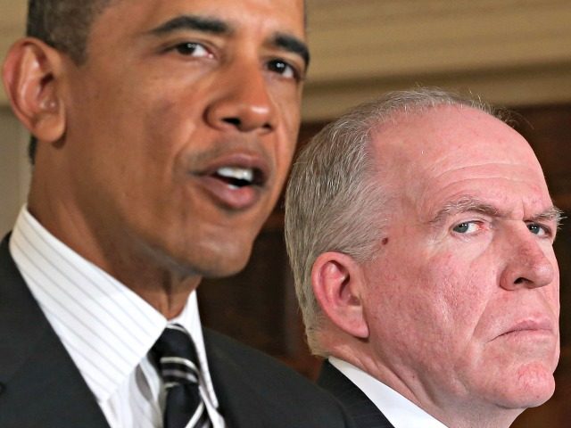 WASHINGTON, DC - JANUARY 07: U.S. President Barack Obama (L) speaks as Deputy National Security Advisor for Homeland Security and Counterterrorism John Brennan (R) listens while making personnel announcements during an event in the East Room at the White House, on January 7, 2013 in Washington, DC. President Obama has …