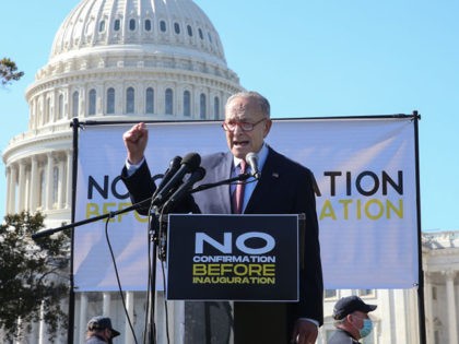 WASHINGTON, DC - OCTOBER 22: Senator Chuck Schumer speaks at a protest calling for the Republican Senate to delay the confirmation of Supreme Court Justice Nominee Amy Coney Barrett at the U.S. Capitol on October 22, 2020 in Washington, DC. (Photo by Jemal Countess/Getty Images for Care In Action)