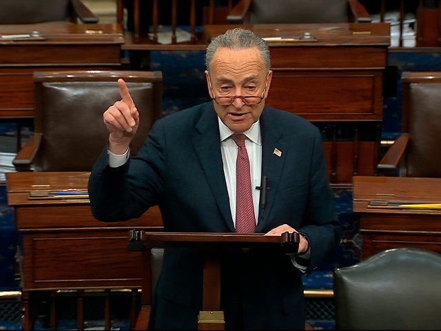 In this image from video, Senate Minority Leader Chuck Schumer, D-N.Y., speaks on the Senate floor about the impeachment trial against President Donald Trump at the U.S. Capitol in Washington, Tuesday, Feb. 4, 2020. The Senate will vote on the Articles of Impeachment on Wednesday afternoon, Feb. 5. (Senate Television …