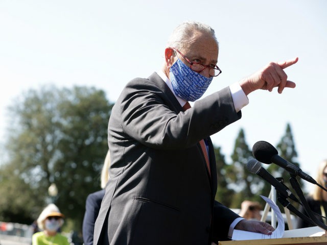 U.S. Senate Minority Leader Chuck Schumer (D-NY) speaks during a news conference in front