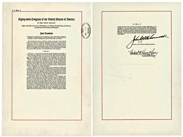 This image shows a copy of the 25th Amendment, which allows the vice president to take over if the commander in chief is "unable to discharge the powers and duties of his office." A senior administration official referenced the amendment on Wednesday, Sept. 5, 2018, in an unsigned opinion piece …