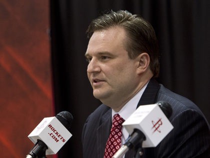 HOUSTON, TX - JULY 19: Daryl Morey, general manager of the Houston Rockets speaks during a press conference announcing the signing of Jeremy Lin at Toyota Center on July 19, 2012 in Houston, Texas. (Photo by Bob Levey/Getty Images)
