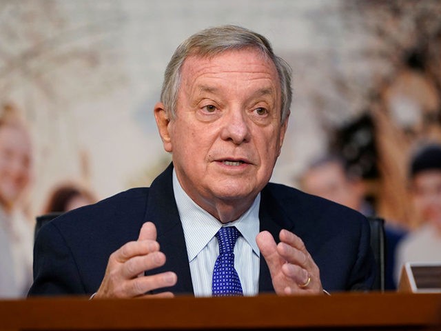 WASHINGTON, DC - OCTOBER 14: Sen. Dick Durbin (D-IL) speaks as Supreme Court nominee Judge Amy Coney Barrett testifies before the Senate Judiciary Committee on the third day of her Supreme Court confirmation hearing on Capitol Hill on October 14, 2020 in Washington, DC. With less than a month until …