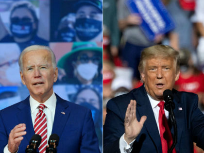 This combination of pictures created on October 30, 2020 shows Democratic presidential nominee and former Vice President Joe Biden delivers remarks on Covid-19 at The Queen theater on October 23, 2020 in Wilmington, Delaware and US President Donald Trump addresses supporters during a Make America Great Again rally as he …