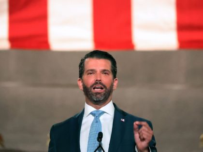 WASHINGTON, DC - AUGUST 24: Donald Trump Jr. pre-records his address to the Republican National Convention at the Mellon Auditorium on August 24, 2020 in Washington, DC. The novel coronavirus pandemic has forced the Republican Party to move away from an in-person convention to a televised format, similar to the …