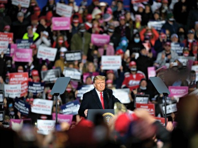 ERIE, PA - OCTOBER 20: U.S. President Donald Trump speaks to supporters at a campaign rally at North Coast Air aeronautical services at Erie International Airport on October 20, 2020 in Erie, Pennsylvania. Trump is holding the rally two days ahead of the final presidential debate. (Photo by Jeff Swensen/Getty …