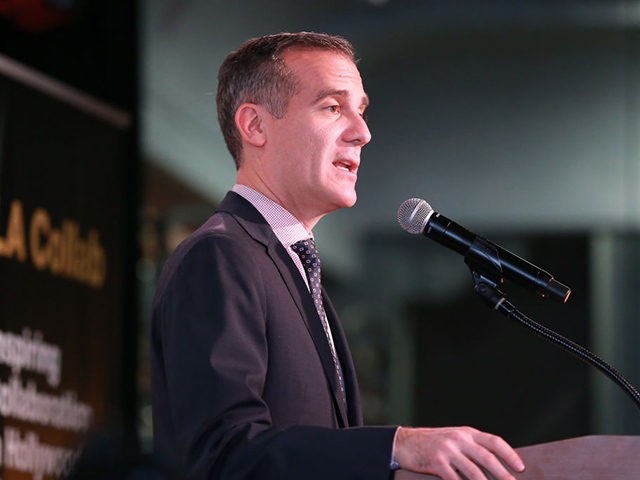 LOS ANGELES, CALIFORNIA - JANUARY 13: Eric Garcetti, Mayor of Los Angeles, speaks to the guest during Non Profit Launch Of "LA Collab" With Mayor Garcetti at The Boyle Heights Arts Conservatory on January 13, 2020 in Los Angeles, California. (Photo by Leon Bennett/Getty Images)