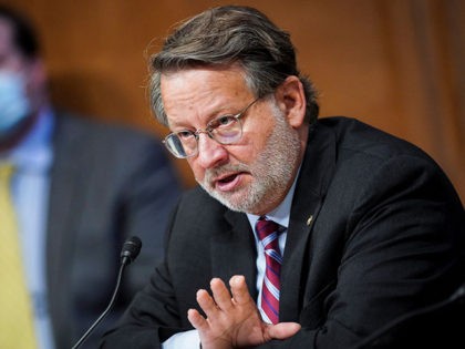 WASHINGTON, DC - JUNE 25: U.S. Senate Homeland Security Committee Ranking Member Gary Peters (D-MI) speaks at a hearing attended by acting U.S. Customs and Border Protection (CBP) Commissioner Mark Morgan at the Capitol Building on June 25, 2020 in Washington, DC. Morgan and President Donald Trump in Yuma, Arizona …