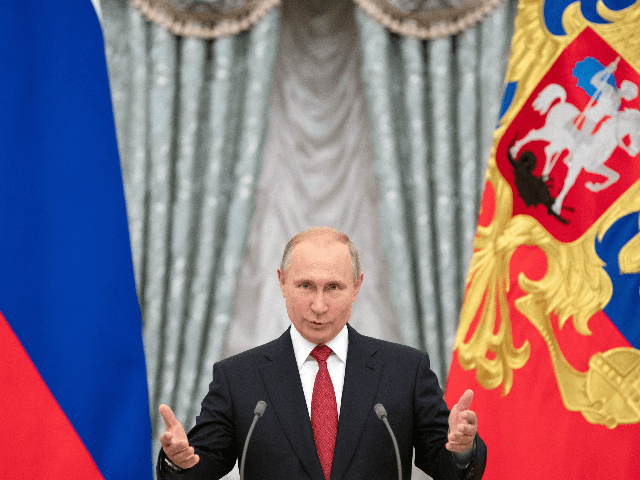 Russian President Vladimir Putin gives a speech at an awards ceremony for the Russian nati