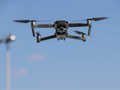 NEW YORK, NY - AUGUST 23: A new DJI Mavic Zoom drone flies during a product launch event a