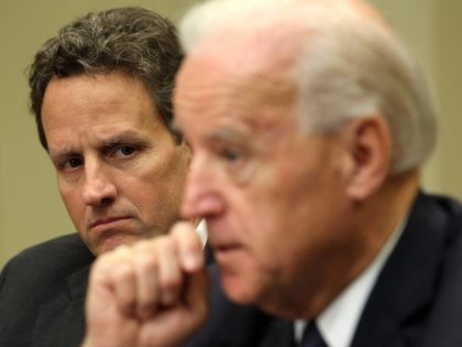 WASHINGTON, DC - DECEMBER 03: U.S. Vice President Joseph Biden (R) speaks to the media as he meets with Secretary of the Treasury Timothy Geithner in the Roosevelt Room of the White House December 3, 2010 in Washington, DC. Biden met with Geithner for an update on the current tax …