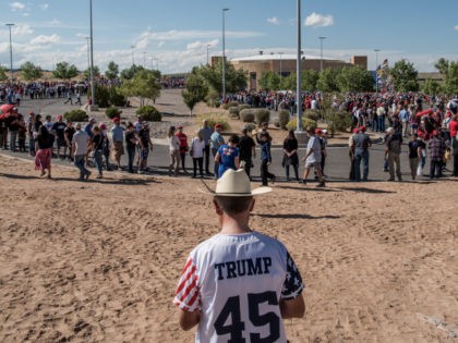 RIO RANCHO, NM - SEPTEMBER 16: People walk to the entrance line for U.S. President Donald J. Trump's Keep America Great Rally on September 16, 2019 at the Santa Ana Star Center in Rio Rancho, New Mexico. The rally marks President Trump's first trip to New Mexico as president and …
