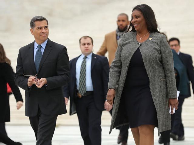 WASHINGTON, DC - NOVEMBER 12: California Attorney General Xavier Becerra (L) and New York State Attorney General Letitia James walk out of the U.S. Supreme Court following arguments in a case about the Deferred Action on Childhood Arrivals program November 12, 2019 in Washington, DC. The Trump Administration announced the …