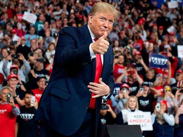 TOPSHOT - US President Donald Trump arrives for a "Keep America Great" campaign rally at Huntington Center in Toledo, Ohio, on January 9, 2020. (Photo by SAUL LOEB / AFP) (Photo by SAUL LOEB/AFP via Getty Images)