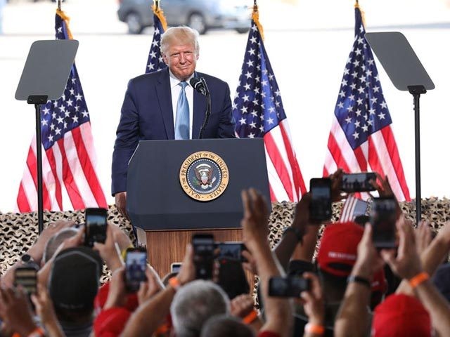 YUMA, AZ - AUGUST 18: U.S. President Donald Trump speaks during a campaign rally at The Defense Contractor Complex on August 18, 2020 in Yuma, Arizona. Trump excoriated presumptive Democratic nominee former Vice President Joe Biden as being soft on illegal immigration as Democrats hold their convention this week remotely …