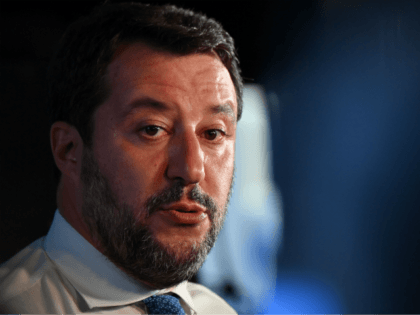 Head of the far-right Lega party and Italian senator, Matteo Salvini addresses the media w