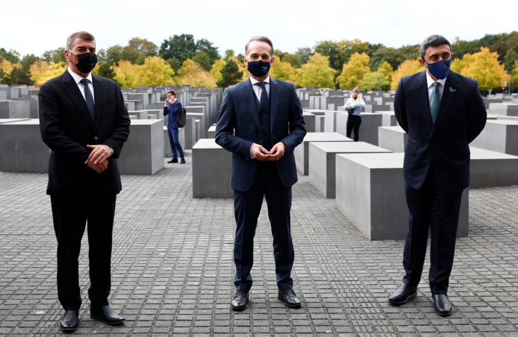BERLIN, GERMANY - OCTOBER 6: UAE Foreign Minister Sheikh Abdullah bin Zayed al-Nahyan and his Israeli counterpart Gabi Ashkenazi visit the Holocaust memorial together with German Foreign Minister Heiko Maas prior to their historic meeting on October 6, 2020 in Berlin, Germany. The foreign ministers of Israel and the United Arab Emirates visited the Holocaust Memorial during their first meeting since their countries signed a US-brokered deal to normalize relations. (Photo by Michele Tantussi-Pool/Getty Images)