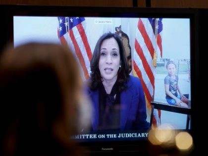 Democratic vice presidential nominee Senator Kamala Harris (D-CA) speaks virtually to the