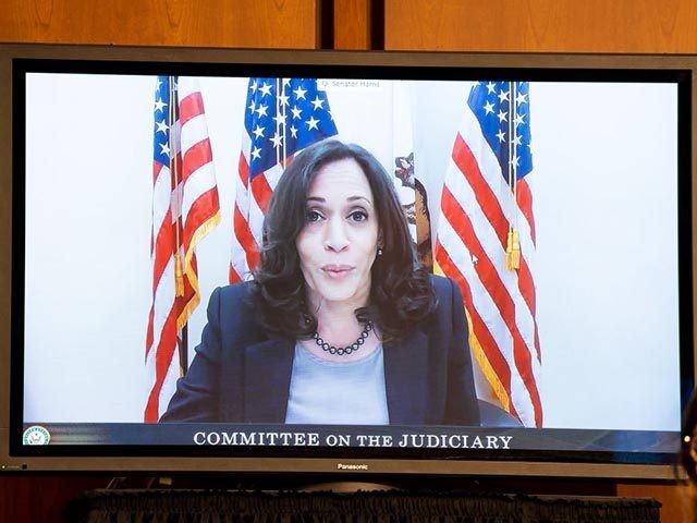 WASHINGTON, DC - OCTOBER 14: Senator Kamala Harris (D-CA) speaks remotely to Supreme Court nominee Judge Amy Coney Barrett before the Senate Judiciary Committee on the third day of her Supreme Court confirmation hearing on Capitol Hill on October 14, 2020 in Washington, DC. Barrett was nominated by President Donald …