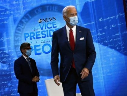 Democratic Presidential candidate and former US Vice President Joe Biden (R) and moderator George Stephanopoulos arrive for an ABC News town hall event at the National Constitution Center in Philadelphia on October 15, 2020. (Photo by JIM WATSON / AFP) (Photo by JIM WATSON/AFP via Getty Images)