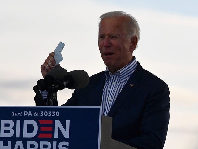 Democratic presidential nominee and former Vice President Joe Biden speaks at a Drive-In rally at Dallas High School, in Dallas, Pennsylvania, on October 24, 2020. (Photo by Angela Weiss / AFP) (Photo by ANGELA WEISS/AFP via Getty Images)
