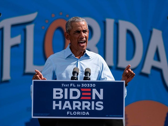 Former US President Barack Obama speaks at a Biden-Harris drive-in rally in Orlando, Florida on October 27, 2020. (Photo by Ricardo ARDUENGO / AFP) (Photo by RICARDO ARDUENGO/AFP via Getty Images)