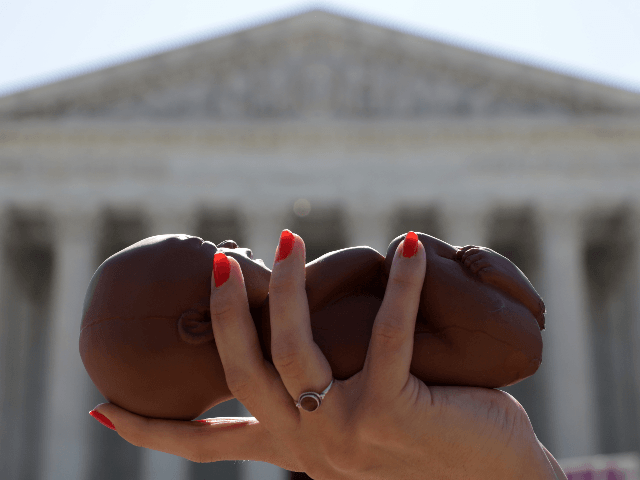 A pro-life activist holds a model fetus during a demonstration in front of the U.S. Supreme Court June 29, 2020 in Washington, DC. The Supreme Court has ruled today, in a 5-4 decision, a Louisiana law that required abortion doctors need admitting privileges to nearby hospitals unconstitutional. (Photo by Alex …