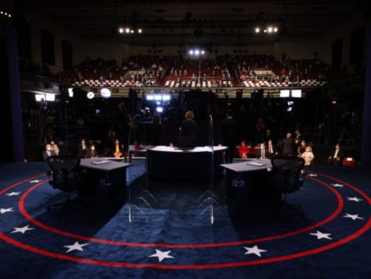 SALT LAKE CITY, UTAH - OCTOBER 07: The debate stage is prepared for the vice presidential