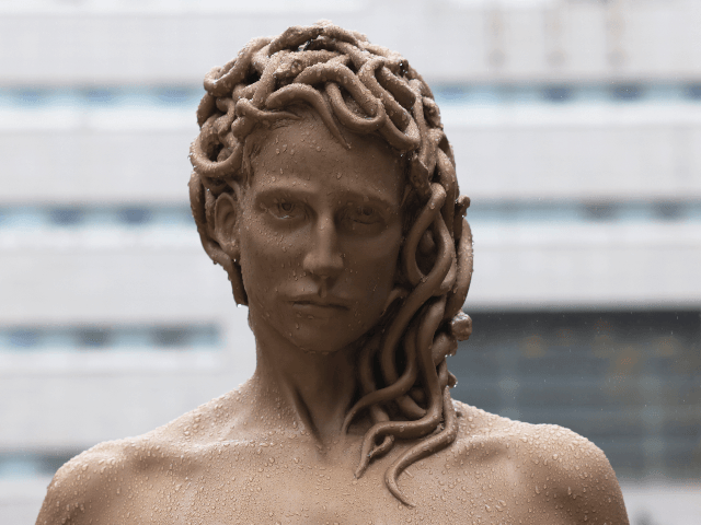 A detailed view of Medusa's head from the newly installed statue of "Medusa With The Head of Perseus" by Argentine-Italian artist Luciano Garbati stands in Collect Pond Park on October 13, 2020 in New York City. In the wake of the #MeToo movement, the seven-foot bronze sculpture changes the narrative …