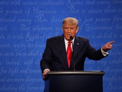 NASHVILLE, TENNESSEE - OCTOBER 22: U.S. President Donald Trump participates in the final presidential debate against Democratic presidential nominee Joe Biden at Belmont University on October 22, 2020 in Nashville, Tennessee. This is the last debate between the two candidates before the election on November 3. (Photo by Justin Sullivan/Getty …