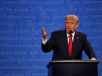 U.S. President Donald Trump participates in the final presidential debate against Democratic presidential nominee Joe Biden at Belmont University on October 22, 2020 in Nashville, Tennessee. This is the last debate between the two candidates before the election on November 3. (Photo by Justin Sullivan/Getty Images)