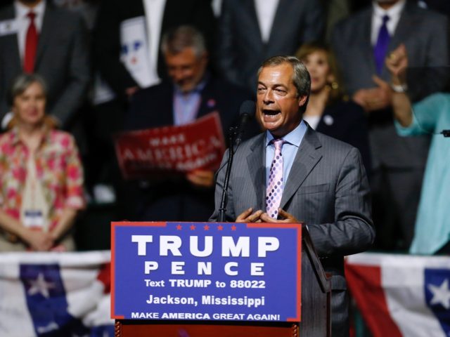 JACKSON, MS - AUGUST 24: United Kingdom Independence Party leader Nigel Farage speaks during a campaign rally for Republican Presidential nominee Donald Trump at the Mississippi Coliseum on August 24, 2016 in Jackson, Mississippi. Thousands attended to listen to Trump's address in the traditionally conservative state of Mississippi. (Photo by …
