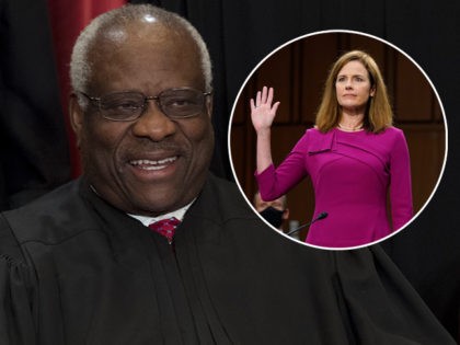 (INSET: Amy Coney Barrett) US Supreme Court Associate Justice Clarence Thomas sits for an