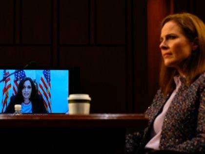 WASHINGTON, DC - OCTOBER 14: U.S. Sen. Kamala Harris (D-CA) questions Supreme Court nominee Judge Amy Coney Barrett via videoconference as she testifies before the Senate Judiciary Committee on the third day of her Supreme Court confirmation hearing on Capitol Hill on October 14, 2020 in Washington, DC. Barrett was …
