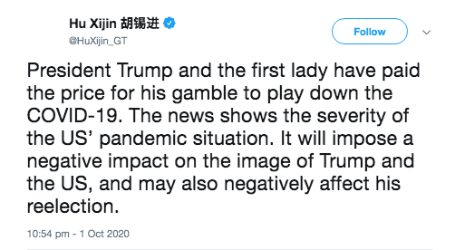 Deleted tweet from Global Times editor in chief Hu Xijin blaming Trump for getting coronavirus, Oct 2 2020