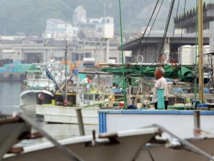 Fishing boats are moored at a fishing port in Katsuura city in Chiba prefecture on July 15