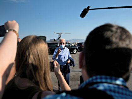 Democratic Presidential candidate and former US Vice President Joe Biden speaks to the press before boarding his campaign plane at McCarran International Airport October 9, 2020, in Las Vegas, Nevada. (Photo by Brendan Smialowski / AFP) (Photo by BRENDAN SMIALOWSKI/AFP via Getty Images)