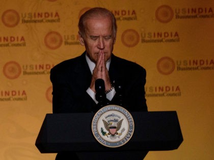 US Vice President Joe R. Biden pauses while speaking during a reception for the US-India Strategic and Commercial Dialogue Summit at the Andrew Mellon Auditorium September 21, 2015 in Washington, DC. AFP PHOTO/BRENDAN SMIALOWSKI (Photo by Brendan SMIALOWSKI / AFP) (Photo by BRENDAN SMIALOWSKI/AFP via Getty Images)
