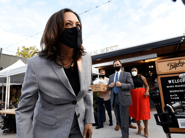 RALEIGH, NC - SEPTEMBER 28: Democratic vice presidential nominee, Sen. Kamala Harris (D-CA) answers questions from the media outside Trophy Brewing on September 28, 2020 in Raleigh, North Carolina. Harris's campaign swing to the state comes a day before the first presidential debate between running mate Joe Biden and President …