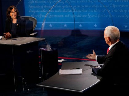 Vice President Mike Pence and Democratic vice presidential nominee Kamala Harris speak dur