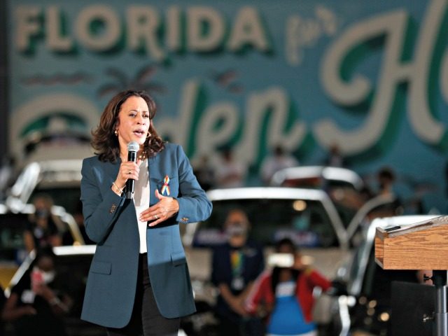 ORLANDO, FL - OCTOBER 19: Democratic U.S. Vice Presidential nominee Sen. Kamala Harris (D-CA) speaks during an early voting mobilization event at the Central Florida Fairgrounds on October 19, 2020 in Orlando, Florida. President Donald Trump won Florida in the 2016 presidential election. (Photo by Octavio Jones/Getty Images)