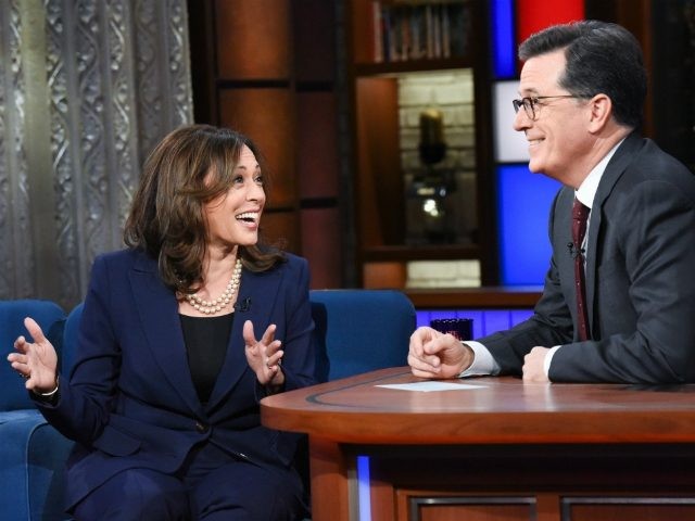 The Late Show with Stephen Colbert and guest Sen. Kamala Harris during Thursday’s April
