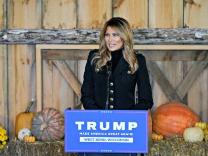 First lady Melania Trump speaks at a campaign event, Saturday, Oct. 31, 2020, in West Bend