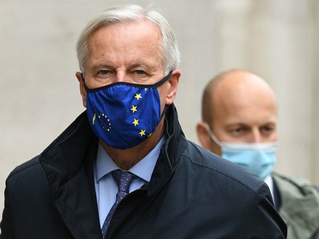 LONDON, ENGLAND - OCTOBER 23: EU Brexit negotiator Michel Barnier walk with other members of the EU delegation in St. James on October 23, 2020 in London, England. Brexit negotiations stalled between the UK and the EU last week with areas of disagreement centreing on fishing rights, post-Brexit competition rules …
