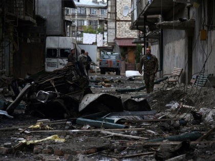 TOPSHOT - A view shows aftermath of recent shelling during the ongoing fighting between Armenia and Azerbaijan over the breakaway Nagorno-Karabakh region, in the disputed region's main city of Stepanakert on October 4, 2020. (Photo by Davit Ghahramanyan / NKR Infocenter / AFP) (Photo by DAVIT GHAHRAMANYAN/NKR Infocenter/AFP via Getty …