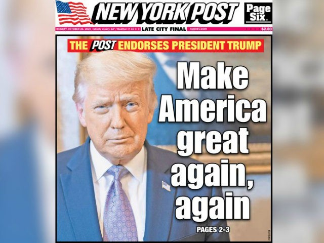 The New York Post endorsed President Donald Trump both in an editorial and on the front cover of its print newspaper on Monday.