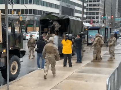 Pennsylvania National Guard Troops arrive in downtown Philadelphia after four nights of protests, riots, and looting. (Twitter Video Screenshot/Steve Keeley)