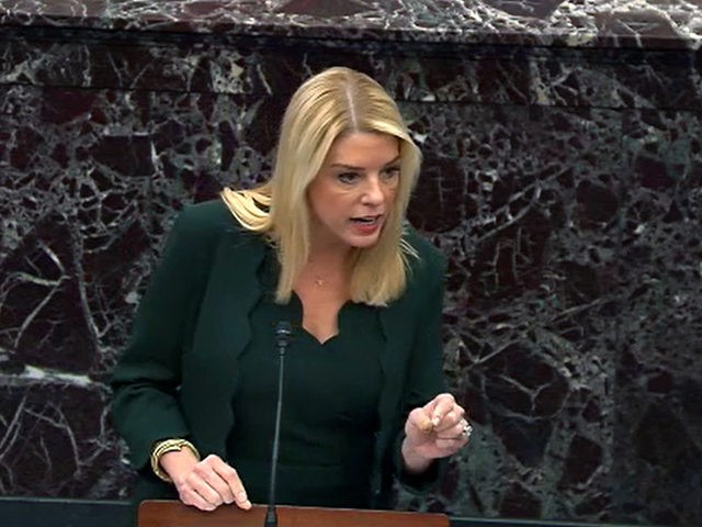 WASHINGTON, DC - JANUARY 30: In this screengrab taken from a Senate Television webcast, Counsel to the President Pam Bondi answers a question from a senator during impeachment proceedings in the Senate chamber at the U.S. Capitol on January 30, 2020 in Washington, DC. On Thursday, Senators continue asking questions …