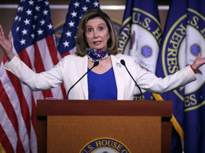 WASHINGTON, DC - OCTOBER 01: Speaker of the House Nancy Pelosi (D-CA) talks to reporters during her weekly news conference in the House Visitors Center at the U.S. Capitol on October 01, 2020 in Washington, DC. Pelosi had a warning for President Donald Trump not to place hope in maneuvers …
